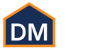 Logo with 'DM' letters inside a blue and orange house-shaped border on a white background